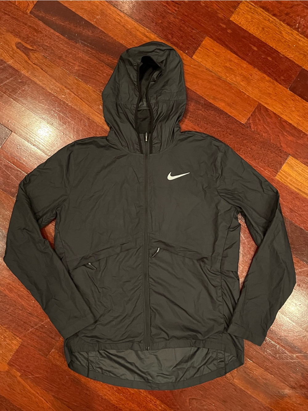 Nike Black Packable Hooded Running Windbreaker with White Swoosh